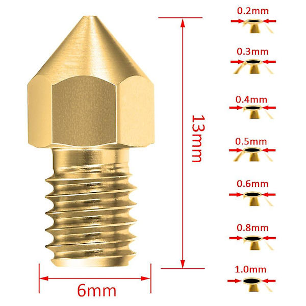 22 Stykker Printer Dyser Mk8 Dyser 0,2 mm, 0,3 mm, 0,4 mm, 0,5 mm, 0,6 mm, 0,8 mm, 1,0 mm Til Makerbot Cr-10 3d Printer  (FMY)