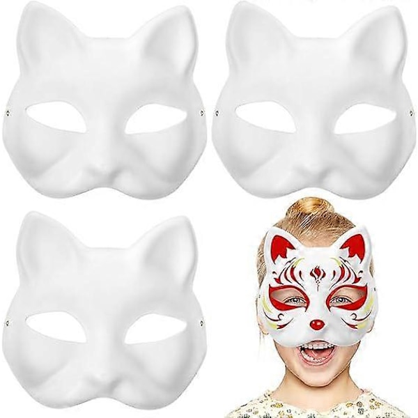 Uusi päivitetty 3 kpl kissan naamio, Therian-naamiot valkoiset kissan naamiot tyhjät DIY Halloween-naamiot (FMY)