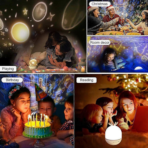Babyprojektor nattlys, LED nattlys for barn med musikk og lysende lampe, 360 graders rotasjon, 8 sanger, 6 projeksjonsfilmer, stjerneprojektorlampe (FMY)