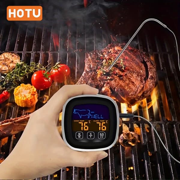 HOTU Kötttermometer, Digital Grillkötttermometer, Stor Pekskärm Grillmatstermometer med Klocktimer, Termometer med Sond (FMY) Black