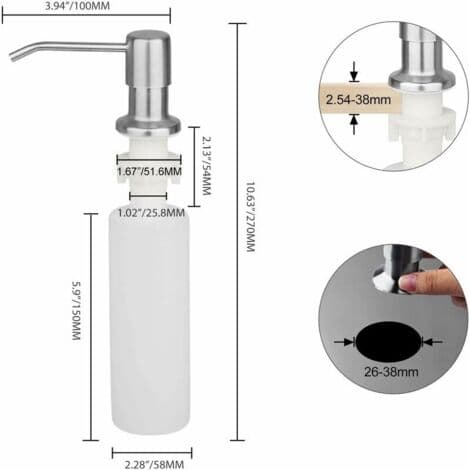 Indbygget flydende sæbedispenser med 300 ml flaske, skumsæbedispenser til vask, opvaskemiddeldispenser til køkken, rustfrit stål De (FMY)