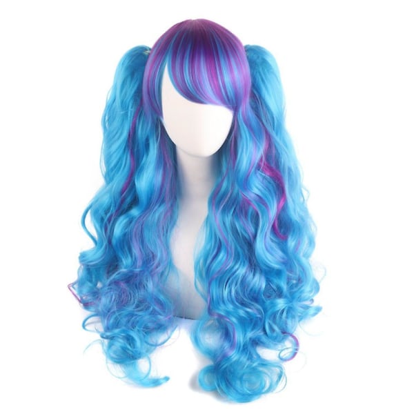 Lolita Long Curly Clip On Ponytails Cosplay Wig, Double Hestehale Tiger Clip Long Curly Wig (mørk lilla/cyanblå), wz-1344 (FMY)