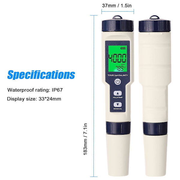 5 i 1 Professionell Multi-parameter Combo Testmätare PH/EC/TDS/Salthalt/Termometer Digital Multifunktionell Testare Vattenkvalitetstestare (FMY) with backlight