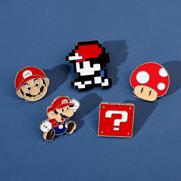 5 kpl/setti Game Super Marios -rintakoristeet Mario Bros -neula reput, vaatteet, takit, hatut koristeluun (FMY)