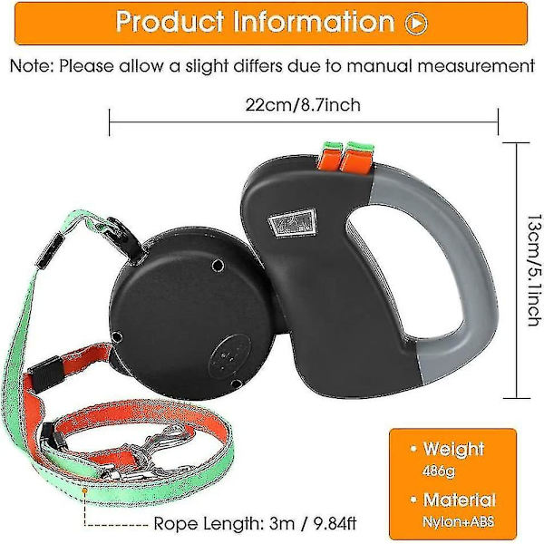 Dobbel Dobbel Leash for Hund, Inntrekkbar Hundeleash Dobbel Leash for To Hunder Hundeleash 2 Hunder Dobbel Leash, svart  (FMY)
