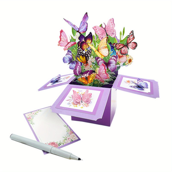 3D Fjärils Pop-Up Gratulationskort med Kuvert för Födelsedagar, Jubileum, Mors Dag - Handgjord Blommig Pappersbukett, Allt-i-Ett Överraskning (FMY) Purple