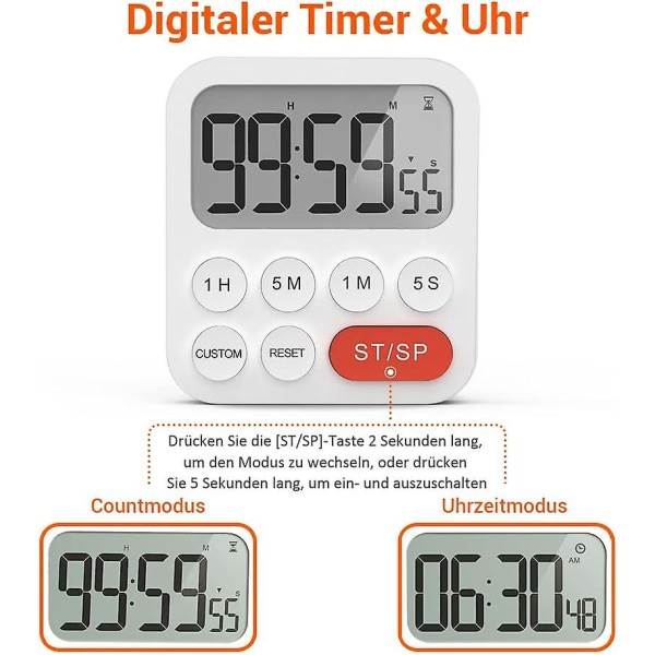 Digital Köktimer, Magnetisk Stoppur med Klocka, Magnet, 3-nivåers Volym, LCD-display för Matlagning, Sport, Studier (FMY)