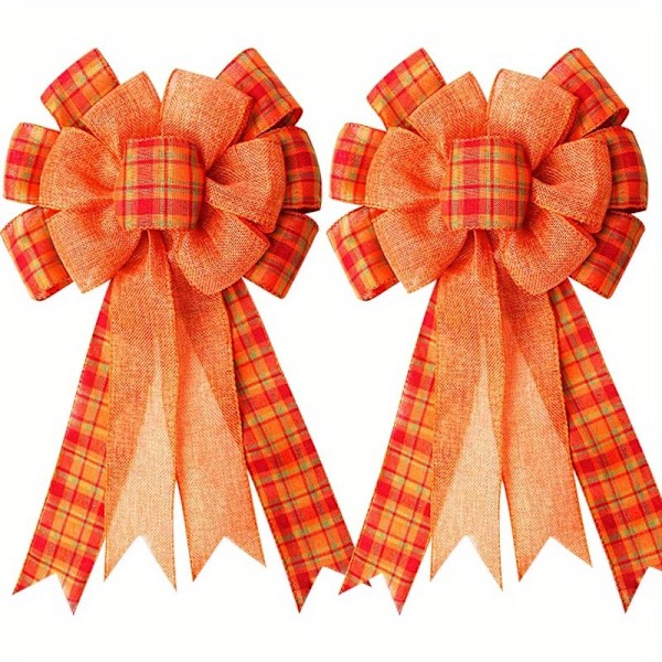 2pcs, Extra Large Fall Wreath Gift Bow Orange Buffalo Plaid Check Wreath Bow Swag Bow Thanksgiving Wreath Pre-Tied Bow For Fall, Thanksgivin  (FMY)