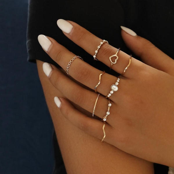 9 st/ set Knuckle Rings Index Finger Rings Hollow Love Rose Gold Ring Sets For Women Girls (FMY)