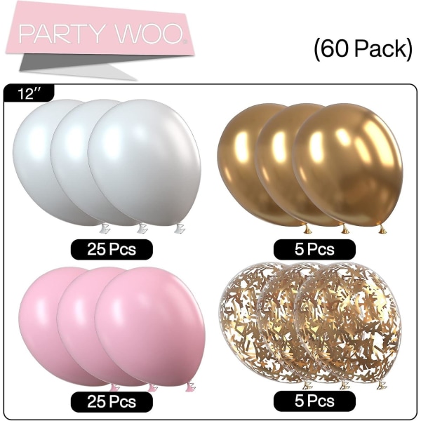 Pink og guld balloner, 60 stk Pink balloner, metalliske balloner, guld konfetti balloner, hvide balloner, fest balloner, latex balloner (FMY)