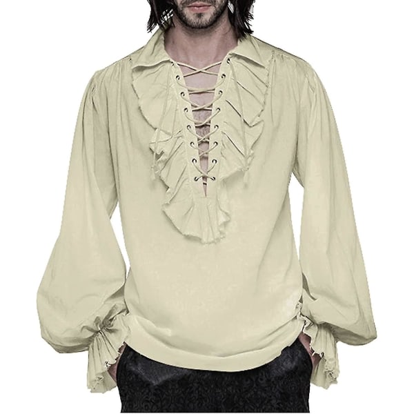 Herre pirat kostume skjorte Steampunk middelalder renæssance skjorte gotisk flæsede halloween cosplay toppe (FMY) Beige X-Large