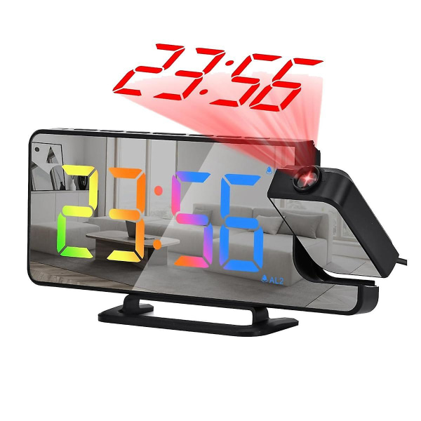 Projektionsväckarklocka för sovrum, 7,3 tum LED-spegel digital väckarklocka med 180 projektor för sovrum svart (FMY)
