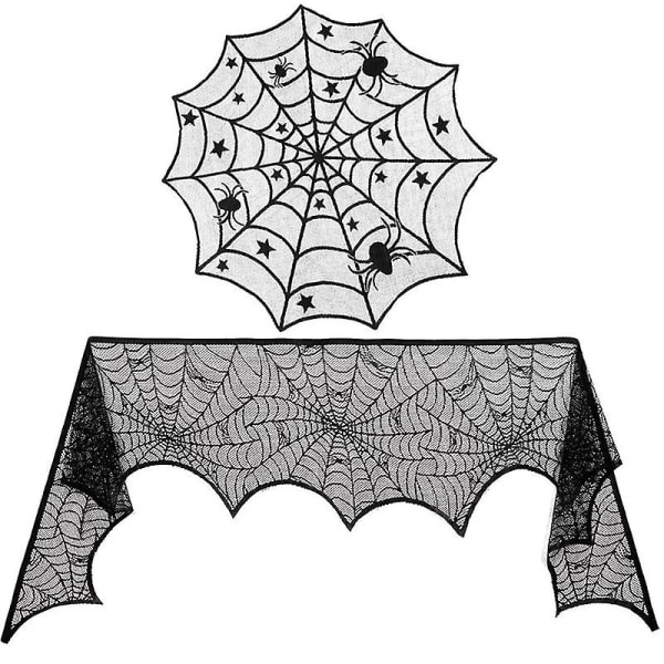 Black Lace Halloween Pöytäliina ja Takkaliina Halloween Hämähäkkiverkkopöytäliina Halloween Decoration Cloth (FMY)