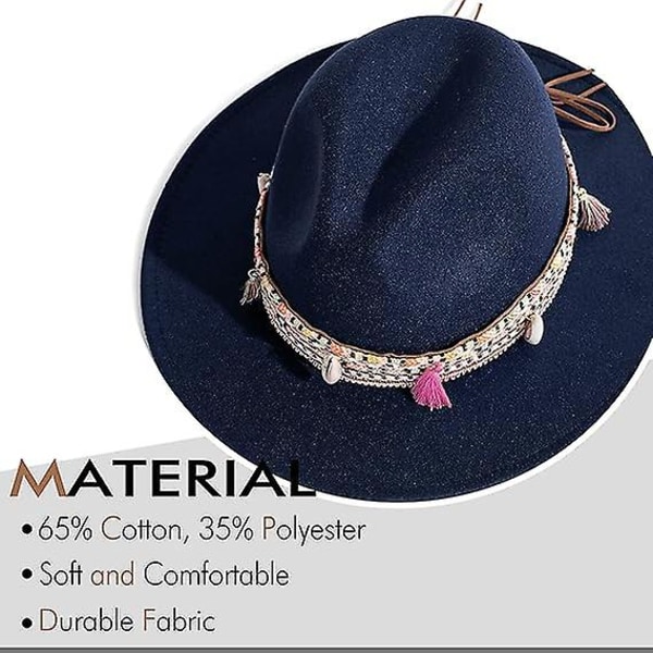 Fedora-hat i filt til kvinder, panamahatte med bred skygge med kvast (FMY)