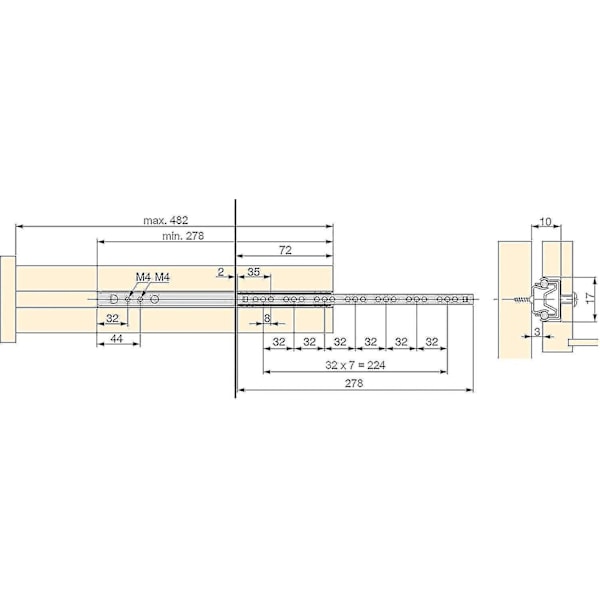 Pakke med 5 par (10 stk.) Skuffeskinner/kugleskinner, del 1, 17 mm x 278 mm, til skuffe, galvaniseret (FMY) 246mm