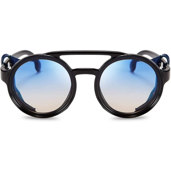 Retro runda Steampunk Solglasögon Kvinnor Män Vintage Glasögon Lätt plastbåge med läderkläder B2532
