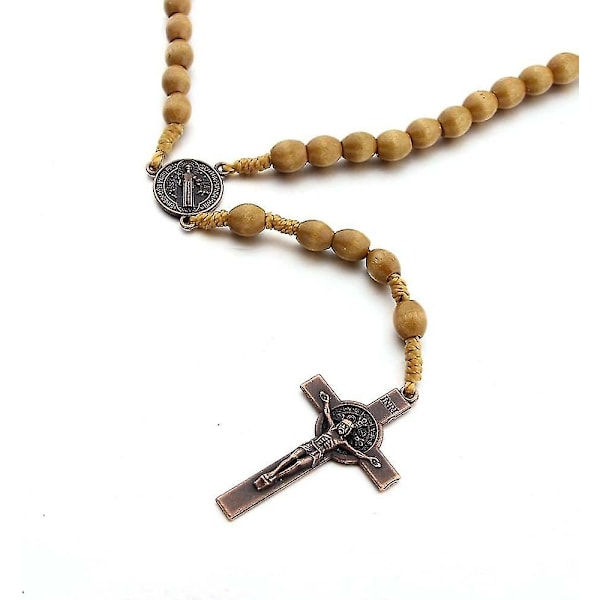 Katolsk kors rosenkrans halsband, naturliga träbönpärlor med medaljongkors (ljusbrun)/yy  (FMY) Light Brown