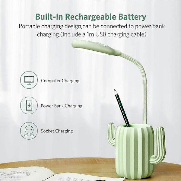 Trådløs Skrivebordslampe med Justerbar Lysstyrke Touch LED Leselampe Skrivebordslampe med Blyantholder Kontorinnredning - Grønn(FMY)