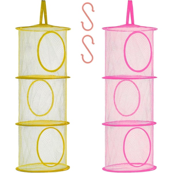 Vikbart hängande mesh Space Saver Bags Organizer, fack Hängande gosedjursförvaring för barn, 2pack (3 våningar-gult och rosa) (FMY)