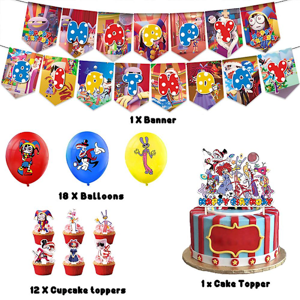 Fantastiske digitale cirkus fødselsdagspynt sæt tegneserie tema fødselsdag dekorationer balloner kagepynt bannere  (FMY) A