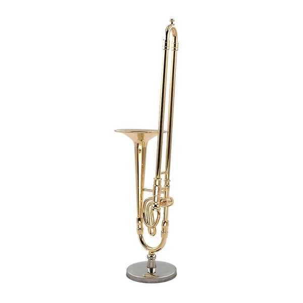 12cm Miniatyr Trombon Modell i Rent Kobber med Stativ Mini Musikk Instrument Modell med Svart Blad (FMY) Gold