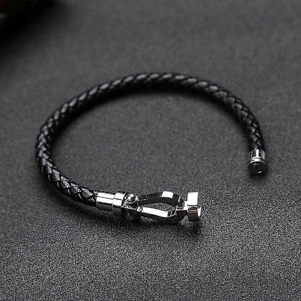 Läderarmband för män, flätat, läderarmband med hästsko-spänne i rostfritt stål, U-format armband för män (FMY) gold 18cm