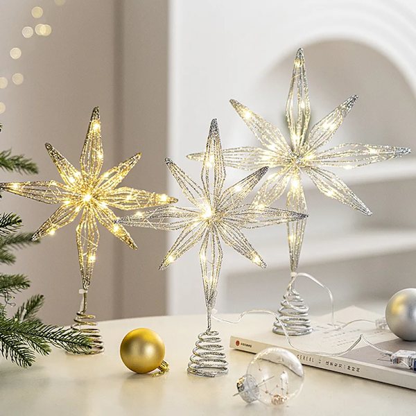 Julgrans Topp Glitter Guld Stjärna Julgrans Topp Upplyst med Varma Vita LED-lampor för Semesterdekoration Fest Inomhus Deko (FMY) 25cm Silver LED