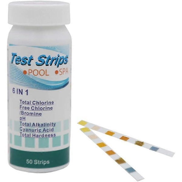 Kjemisk tester for basseng og spa, 6-i-1 multifunksjonelle teststrimler for klor, brom, pH, total alkalitet, total hardhet og cyanursyre (FMY)