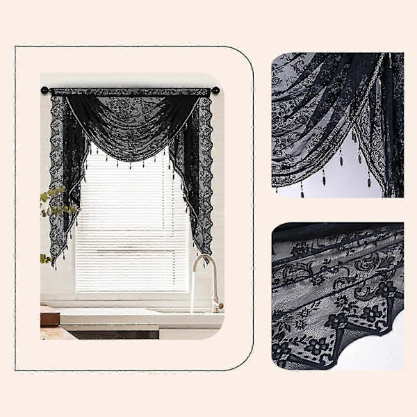 Sort Perlebesat Vandfald Valance Letvægts Åndbar Nem Installation Luksuriøs Lille Vindue Semi Sheer Swag Vandfald Valance  (FMY) Black S