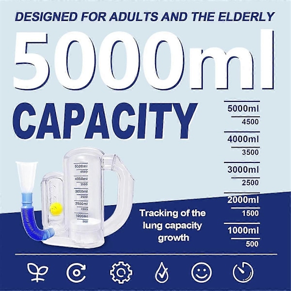 Pusteøvelsesapparat for lungene, dyp pustetrener for voksne - 5000 ml volumsmåling med strømningshastighetsindikator (FMY) Transparent