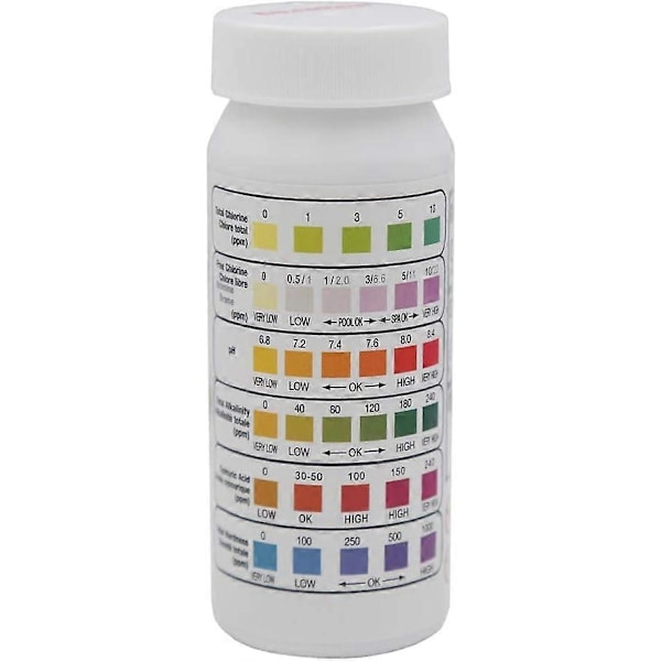 Kjemisk tester for basseng og spa, 6-i-1 multifunksjonelle teststrimler for klor, brom, pH, total alkalitet, total hardhet og cyanursyre (FMY)