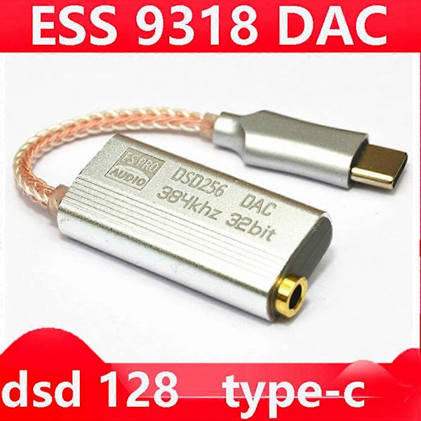 DAC ES9318 USB Type C Kuulokeadapteri HiFi Dekoodaus AMP Adapteri Äänikortti Android Type C -laitteille Silver