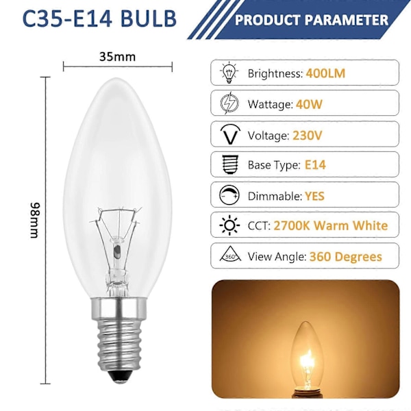 E14 40W Klar Lyspære, Dæmpbar Glødepære, Varmt Hvidt 2700K, 400LM, Flamme Lyspære, E14 Edison Skrue Lyspærer, Pakke med 6 (FMY)