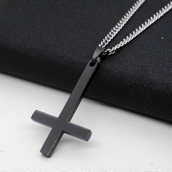 Halsband i rostfritt stål med upp och ner-vänt kors, amulett, överraskningspresent till pojkar (FMY) Black