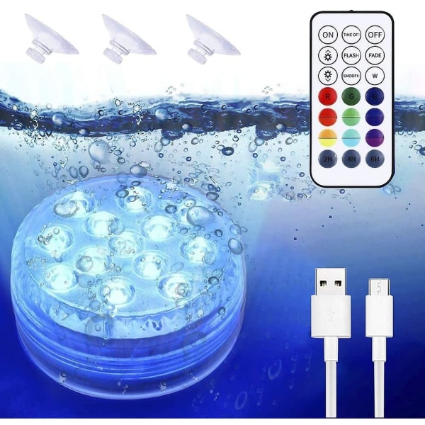 Poolbelysning Undervattensljus, USB uppladdningsbar, flerfärgad Rgb-13-led med RF-fjärrkontroll, Poolljus Led Ip68 Vattentät (FMY)
