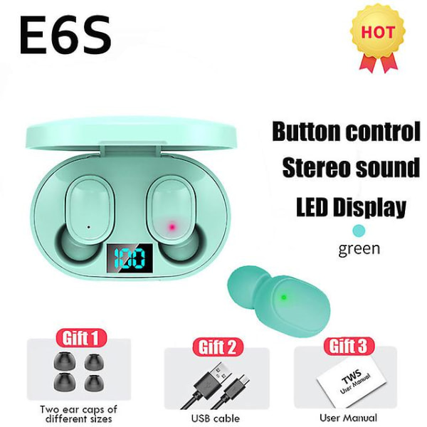 E6s Tws Fone Bluetooth-øretelefoner Trådløse hovedtelefoner Led-display Støjreducerende øretelefoner Med mikrofon Trådløs Pk E7 A6 Y30 Y50 I7  (FMY) Green Earbuds