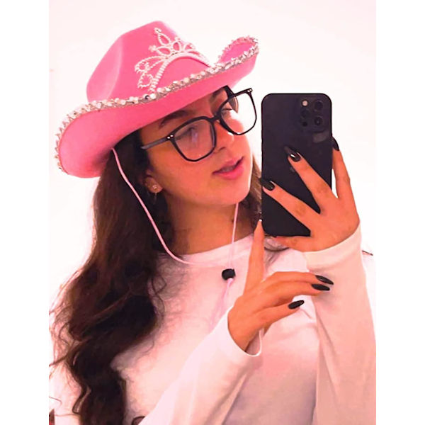 Vaaleanpunainen cowboy-hattu naisille, jossa paljetteja ja tiara, rodeojuhlat, sydän (FMY) Shine Pink