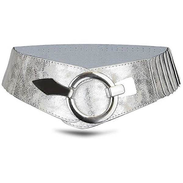 1 st. Dammode Vintage Brett med Bred Elastisk Stretch Midja Elastiskt Midjeband med Silver Ring Spänne (FMY) Silver