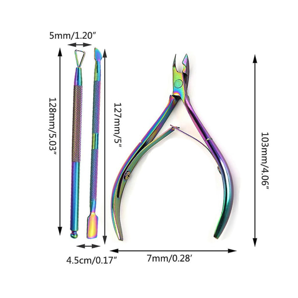 3 stk. rustfrit stål neglebåndstrimmer med pusher og saks Regnbuefarvet negleklipper Pedicure Manicure værktøj (FMY)