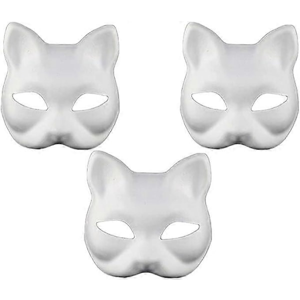 Kattemaske, 3 stk. Therian-masker Hvite kattemasker Blank DIY Halloween-maske Halv ansiktsmaske for dyr Maskerade Cosplay-fest (FMY)