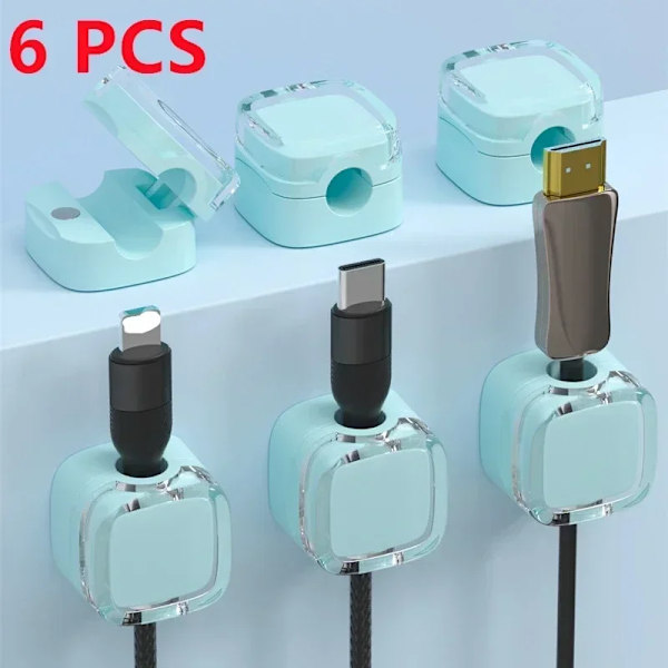 6 stk Magnetiske Kabelorganisering Klips Multifarget Datakabel Kabelarrangør Skrivebord & Veggmonterte Kroker For Telefon Data & Lader (FMY) Blue 6PCS