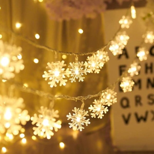 Snowflake String Lights, 6m 40 kpl Paristokäyttöiset Led Fairy Lights, kaksimuotoinen yksivärinen ja kiiltävä salamakoristelu (lämmin valkoinen) (FMY)
