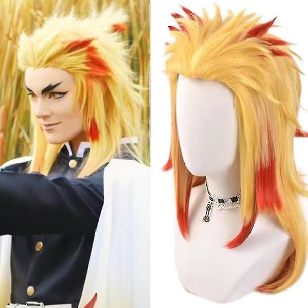 Demon Slayer Rengoku Kyoujurou Cosplay Fest Kostume Outfits Halloween Party Anime Sæt Gaver (FMYED) Only Wig One Size - Wig
