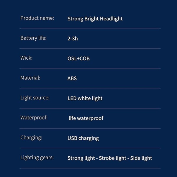 Vandtæt LED-hovedlampe COB-arbejdslys 3 lystilstande lommelygte USB-opladning forlygte jagt fakkel vandretur frontlygte  (FMY)