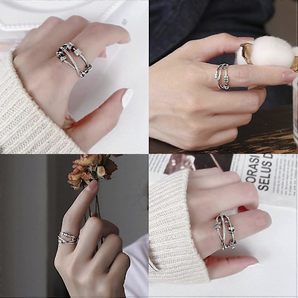 925 Sterling Sølv Justerbar Angstring for Kvinder Mænd Fred Fidget Spinner Ringe Retro Bryllupsløfte Tommelfingerringe mod Angst Stress Re (FMY) 7 Bead Adjustbale Ring -