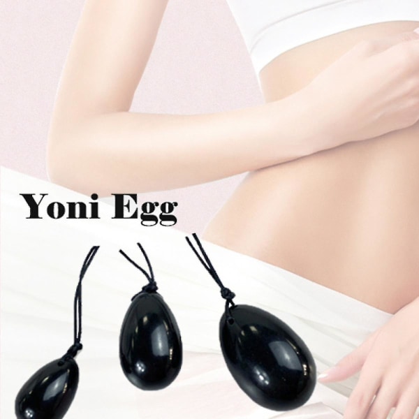 Sort Obsidian Yoni Æg Sæt med 3, massagesten til kvinder til at styrke bækkenbundsmusklerne med fløjlspose (FMY)