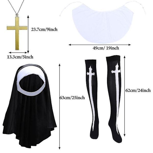 4-pack Nunna-set för kvinnor med huvudbonad, krage, kors och strumpor [HsSs] (FMY) Black 4 pc