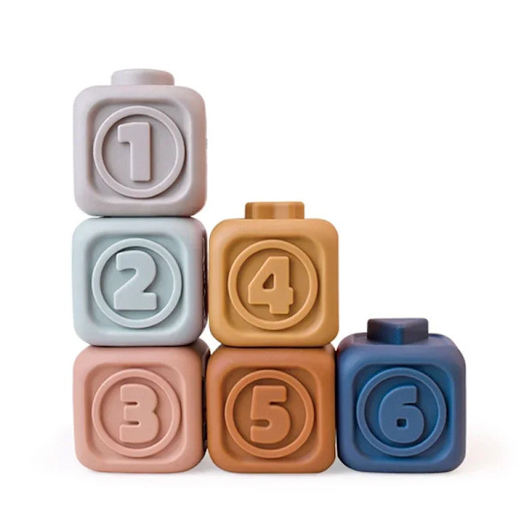Baby Silikon Byggeklodser Montessori Legetøj til Babyer Klem Stakker & Bid Legetøj Tidlig Læring Legetøj Småbørn Drenge Piger (FMY) Block 6pcs