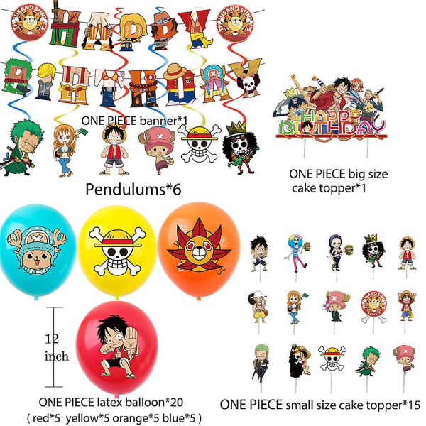 One Piece Anime-tema Barn Vuxen Födelsedagsfest Tillbehör Ballonger Banner Cake Toppers Set (FMY)