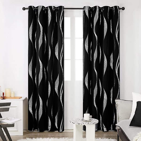 Set med 2 gardiner matsal kök sovrum öljett, 132x244cm, Halloween svart linjemönster dörrgardin silver termisk mörkläggnings inomhushotell